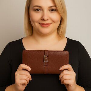 Salvatore Ferragamo Women’s Luxury Wallet | Brown Leather Snap Closure - 7"x3"